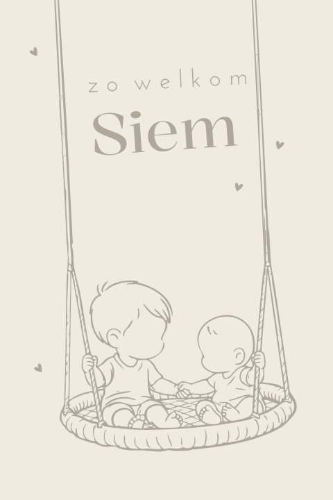 Beige babykaartje met lijntekening van broertjes op schommel