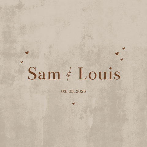 Bruin velvet-look geboortekaartje tweeling met hartjes