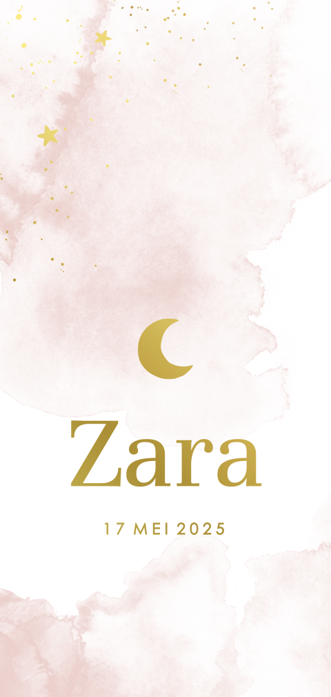 Hip geboortekaartje met goudfolie en een maantje voor een meisje