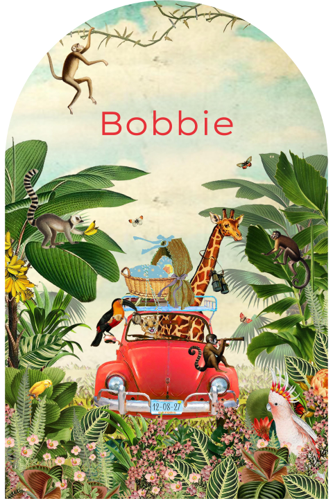 Jungle geboortekaartje in arch vorm met illustraties dieren en auto