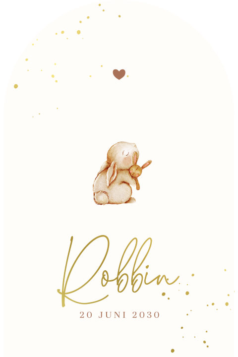 Minimalistisch geboortekaartje met konijntje en gouden details