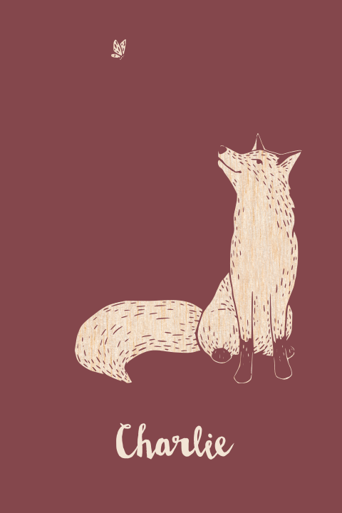 Echt houten geboortekaartje met vos en vlinder