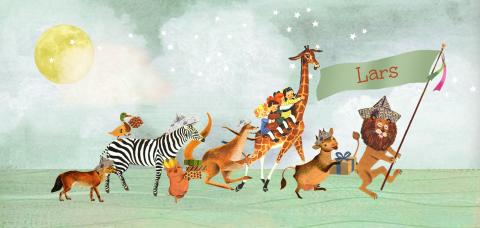 Retro geboortekaartje met jungle dieren optocht zoals leeuw en zebra