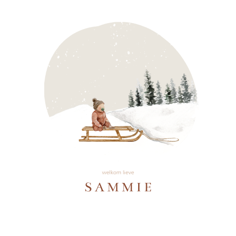 Winter geboortekaartje met kindje op slee in sneeuw