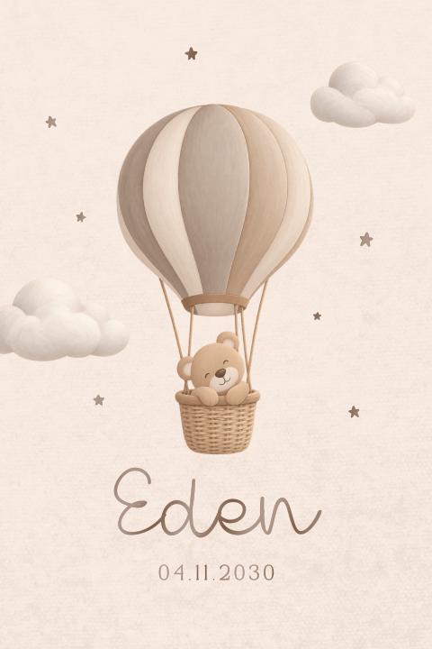 Lief geboortekaartje beige unisex met beertje in luchtballon