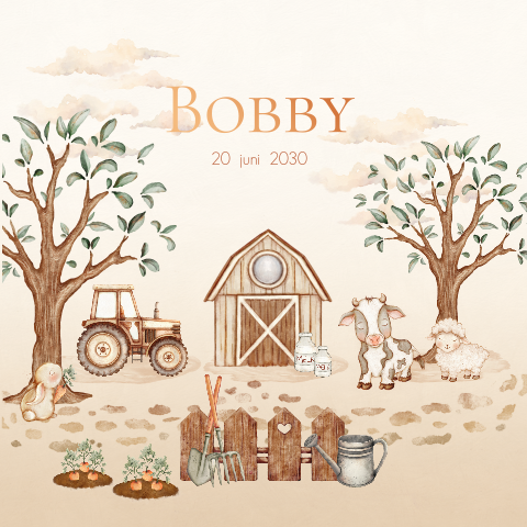 Vrolijk geboortekaartje met boerderij thema