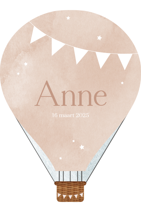 Uniek geboortekaartje in de vorm van een roze luchtballon met slingers