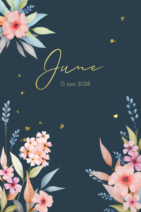 Stijlvol geboortekaartje meisje met illustratie bloemen en goudfolie