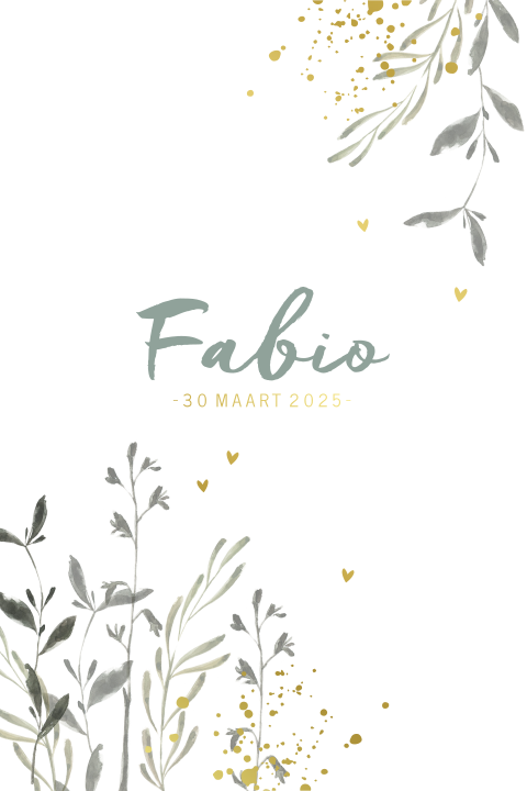 Goudfolie geboortekaartje jongen met botanische takjes en spetters