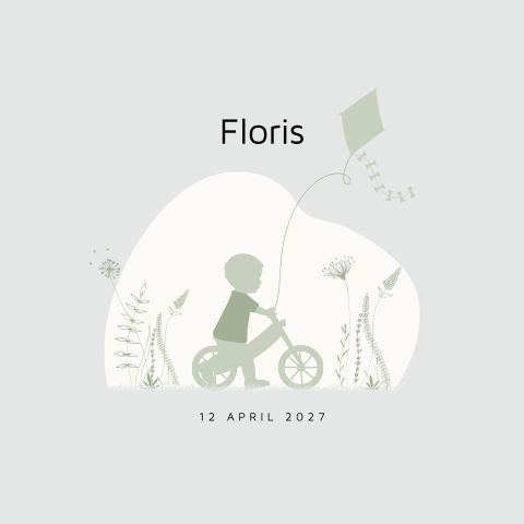 Lief geboortekaartje met silhouet van jongen op fiets tussen bloemen