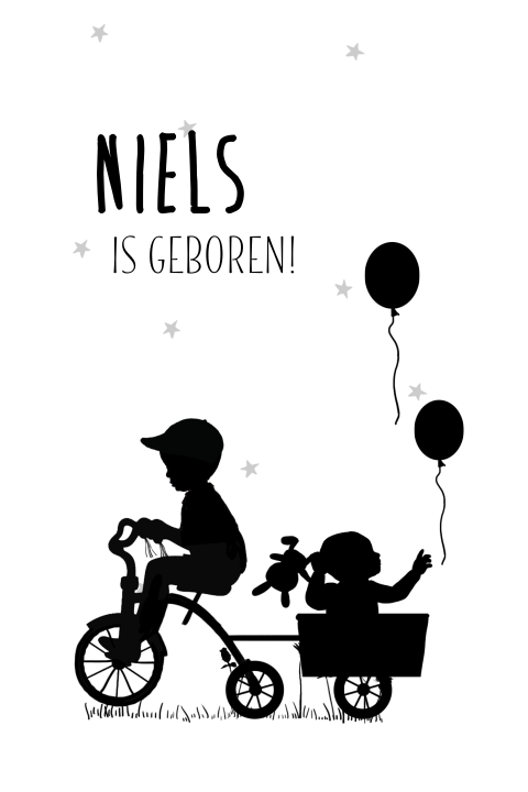 Stoer geboortekaartje met silhouet broertje op driewieler