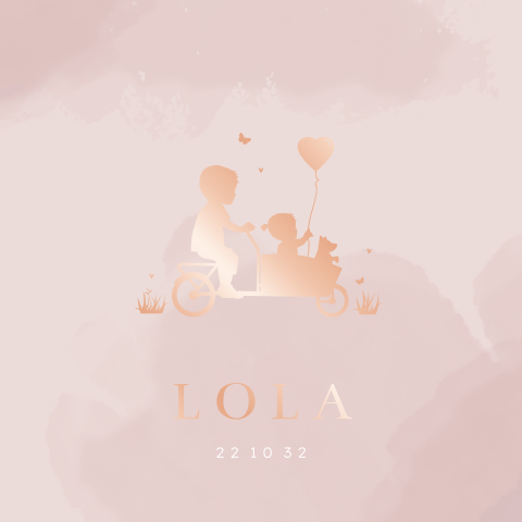 Roségoudfolie geboortekaartje zusje met bakfiets  en hondje