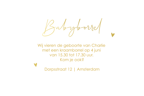 Kalkpapier kraamborrel uitnodiging met goudfolie hartjes