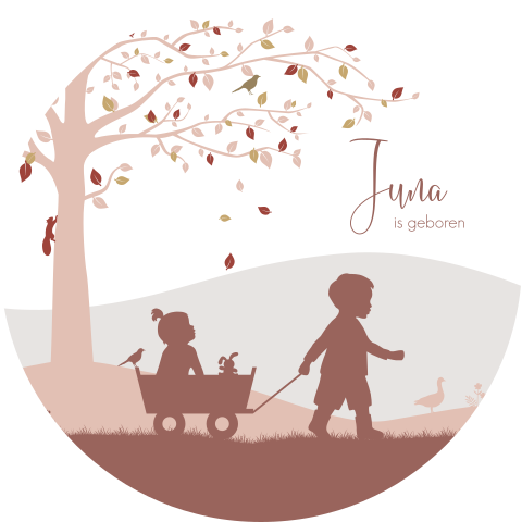 Raamsticker met silhouetjes van broer met zusje in herfstlandschap