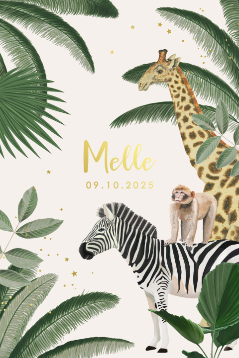 Avontuurlijk goudfolie geboortekaartje met jungle dieren