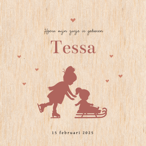 Lief winter geboortekaartje voor meisje met slee silhouet