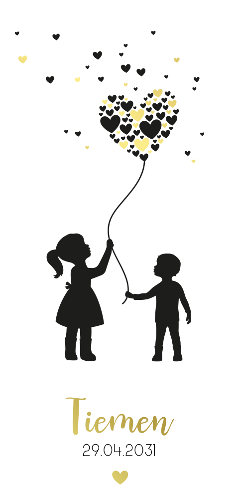 Silhouet geboortekaartje zoon met oudere zus en hartjes ballon