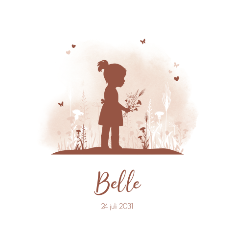 Watercolour geboortekaartje met silhouet van meisje in bloemenveld