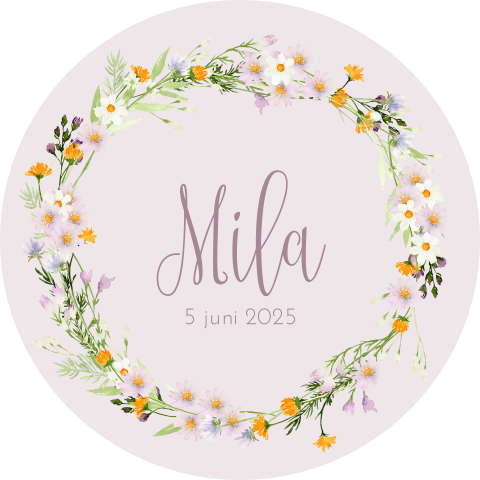 Raamsticker rond lila met bloemenkrans