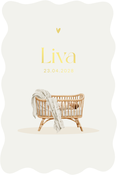 Babykaartje met golvende rand en baby in de wieg