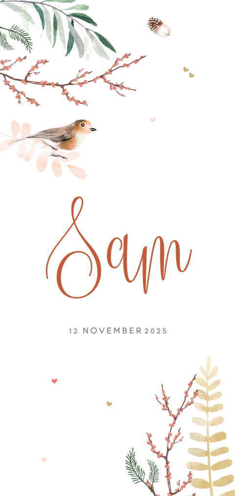 Botanisch geboortekaartje jongen met vogel