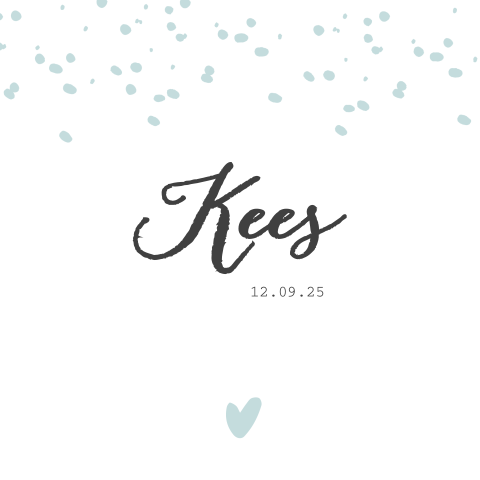 Lief geboortekaartje voor een jongen met blauwe confetti en hartjes