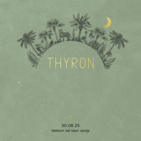 Stoer geboortekaartje met goudfolie en jungle dieren voor een jongen