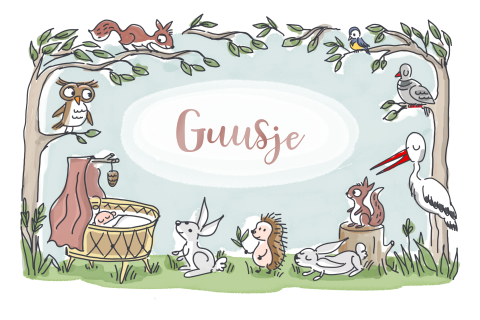 Geboortekaartje met illustratie wiegje in het bos