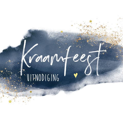 Uitnodiging kraamfeest met donkerblauwe waterverf en goudspetters
