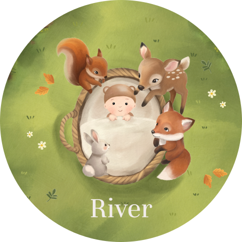 Tuinbord rond in groen met lieve bosdieren en baby in mandje