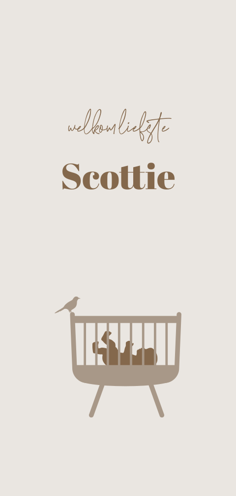 Beige geboortekaartje met silhouetje van baby in wiegje