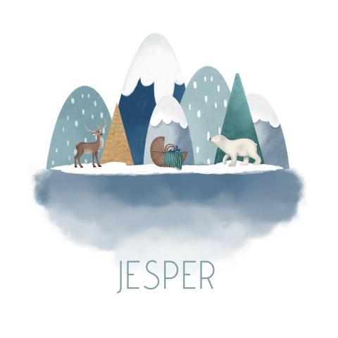 Winters geboortekaartje met bergen en dieren voor een jongen