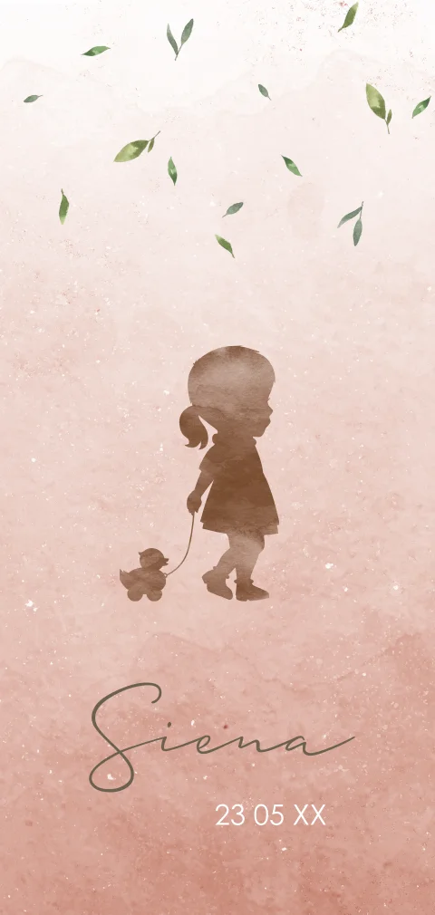 Lief roze geboortekaartje met silhouet van meisje en watercolour
