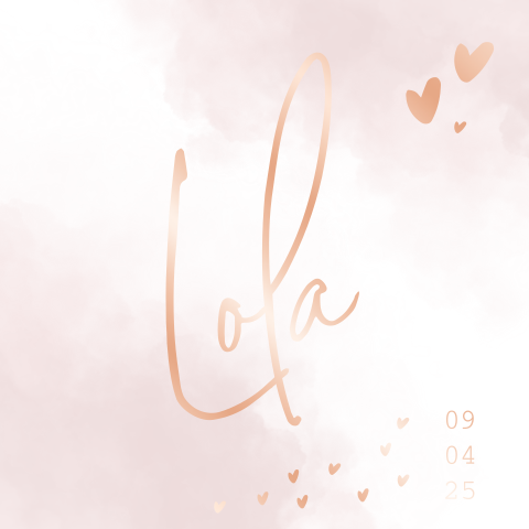 Roségoudfolie geboortekaartje meisje met hartjes en watercolour