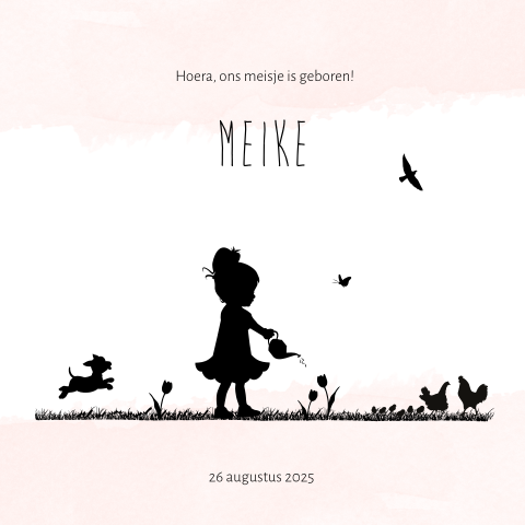 Vrolijk silhouet-geboortekaartje meisje met aquarel