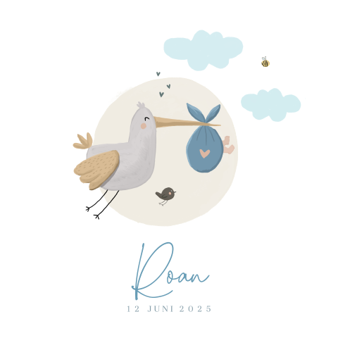 Lief babykaartje voor een jongen met ooievaar en vogeltje