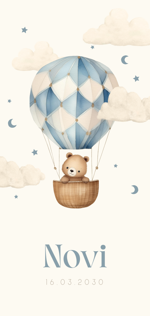 Lief geboortekaartje blauw luchtballon met beertje
