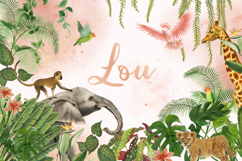 Jungle geboortekaart dochtertje dieren roségoudfolie roze watercolour