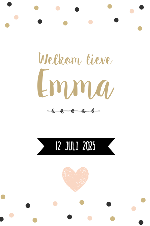 Vrolijk geboortekaartje voor meisje met stipjes, banner en hartje