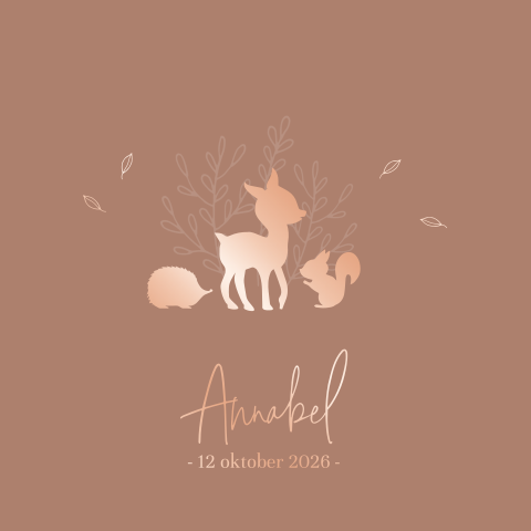 Roségoudfolie geboortekaartje voor meisje met bosdieren