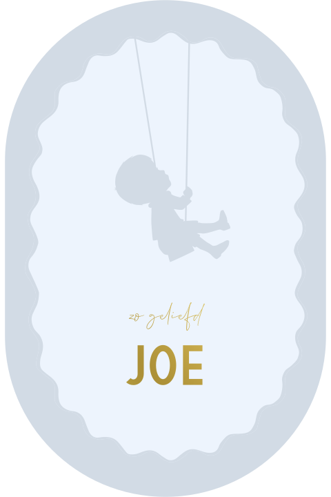 Ovaal geboortekaartje met silhouet van jongen op schommel en goudfolie