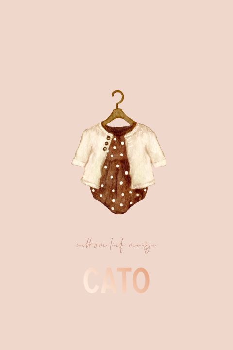 Lief geboortekaartje meisje met babykleertjes en roségoudfolie