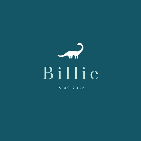 Stijlvol geboortekaartje met silhouet van dino op blauwe achtergrond