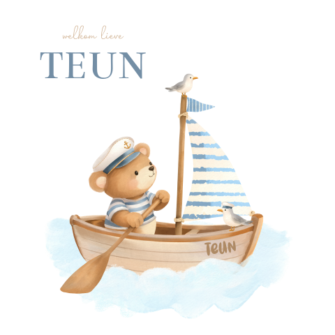 Schattig geboortekaartje met een blauwe zeilboot en beer