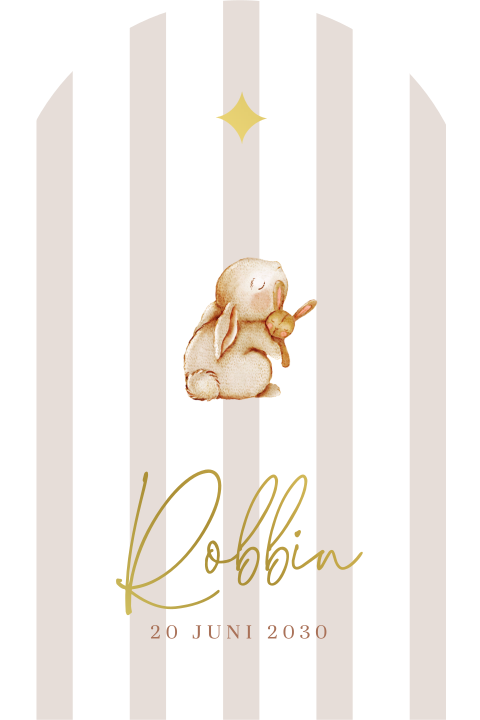Boogvormig geboortekaartje met konijntje en licht beige strepen