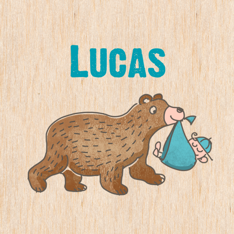 Echt houten geboortekaartje met beer met babytje in doek