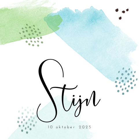 Hip waterverf geboortekaartje voor jongen met verf strepen en stipjes