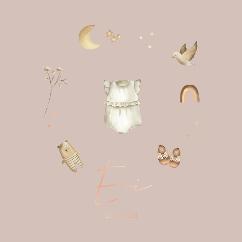 Lief roséfolie geboortekaartje met illustraties voor meisje