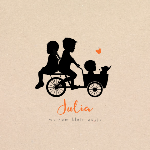 Hippe geboortekaart met silhouet van bakfiets met broer, zus en zusje