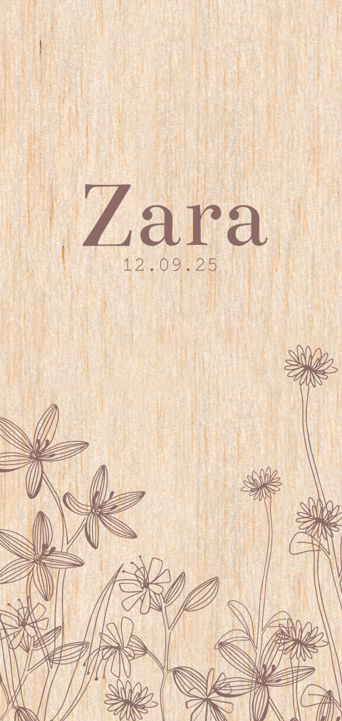 Echt houten geboortekaartje voor meisje met schattige bloemen